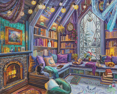 A cozy attic book nook with a fireplace, bookshelves, and a variety of pillows and blankets arranged for comfort. The room is adorned with string lights and has a window with a intricate design.