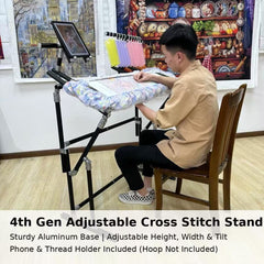 4th Gen Adjustable Cross Stitch Stand – Sturdy Aluminum Base with Height, Width & Tilt Adjustment | Phone & Thread Holder Included | Suitable for small, medium, and large scroll frames (scroll frame not included)