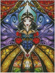 A brightly coloured stained glass effect stamped cross-stitch kit depicting a whimsical female character with a crown and floral elements.
