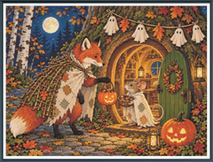Framed cross stitch mock-up of A Moonlit Trick or Treat, a Sunflower Original, available from The Stamped Stitch Club. A friendly fox dressed in an autumn leaf cloak delivers a glowing pumpkin to a little mouse in a ghost costume outside a cosy woodland treehouse. Jack-o'-lanterns, hanging ghost decorations and colourful autumn leaves complete the magical Halloween scene beneath a full moon.