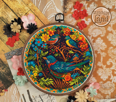 Stamped cross stitch mockup of a Embroidery hoop with colorful bird design on a decorative background with flowers.