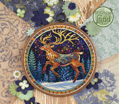 Stamped cross stitch design of a deer leaping through a forest with a starry sky
