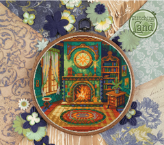 Stamped cross stitch mockup of a colorful fireplace design on a decorative background with flowers and patterns.