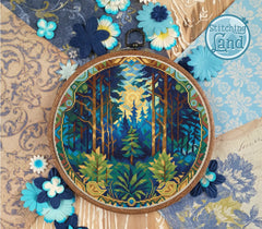 Stamped cross stitch design of a forest design surrounded by decorative flowers on a patterned background