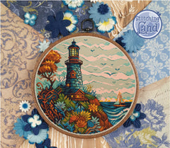 Stamped cross stitch design of a lighthouse design surrounded by flowers on a decorative background.
