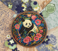 Mockup of a stamped cross stitch showing a Embroidery hoop with a panda design surrounded by flowers on a textured fabric background.