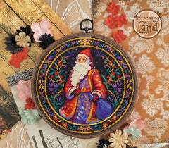 Stamped cross stitch design of colorful Santa Claus design on a decorative background with flowers.