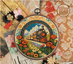 Stamped cross stitch design of a train design surrounded by flowers on a decorative background
