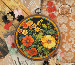 Stamped cross stitch mockup of a Floral embroidery hoop on a textured background with 'Stitching Land' branding.