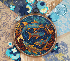 Stamped cross stitch design of fish design on a decorative background, featuring the brand 'Stitching Land'.