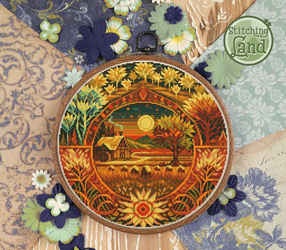 Stamped cross stitch design of field of bee hives in a golden background