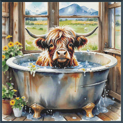 Stamped cross stitch of a highland cow taking a bath in a bathtub with a scenic window view.