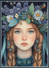 Stamped cross stitch mockup of a girl with braided hair and floral headband against a dark background