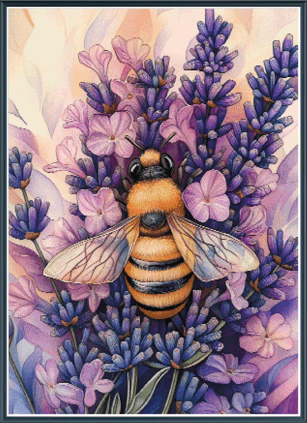 Stamped cross stitch mockup of a bee on lavender flowers with a soft, warm background