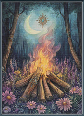 Stamped cross stitch mockup of a Campfire in a forest with flowers, moon, and star