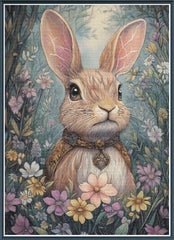 Stamped cross stitch mockup of a rabbit surrounded by flowers and foliage