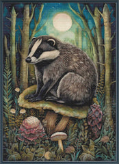 Stamped cross stitch of a badger on a mushroom in a forest setting with a full moon.