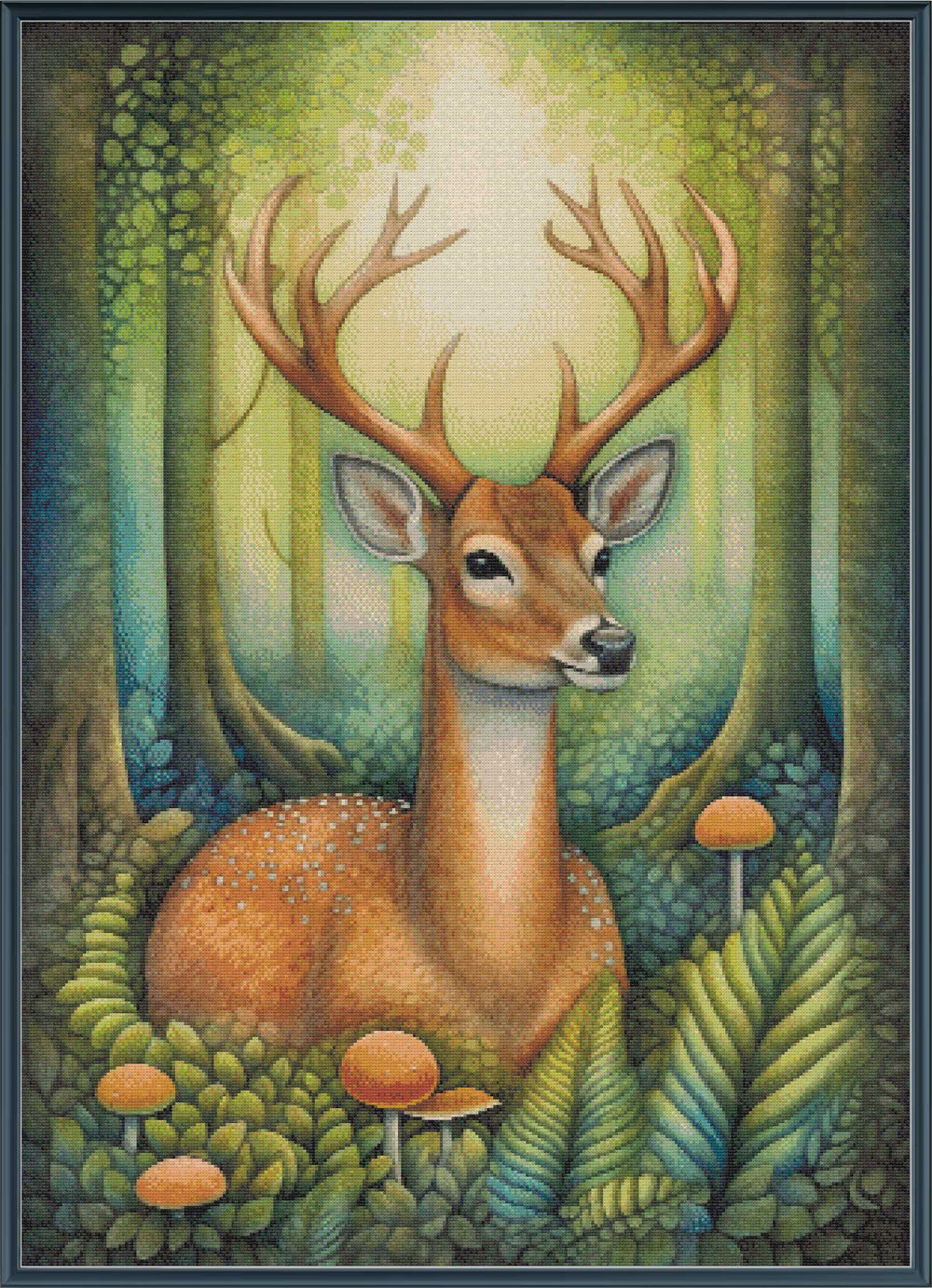 Stamped cross stitch of a deer in a forest with mushrooms and a glowing light in the background