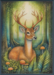 Stamped cross stitch of a deer in a forest with mushrooms and a glowing light in the background