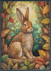 Stamped cross stitch of a rabbit in a forest with autumn leaves