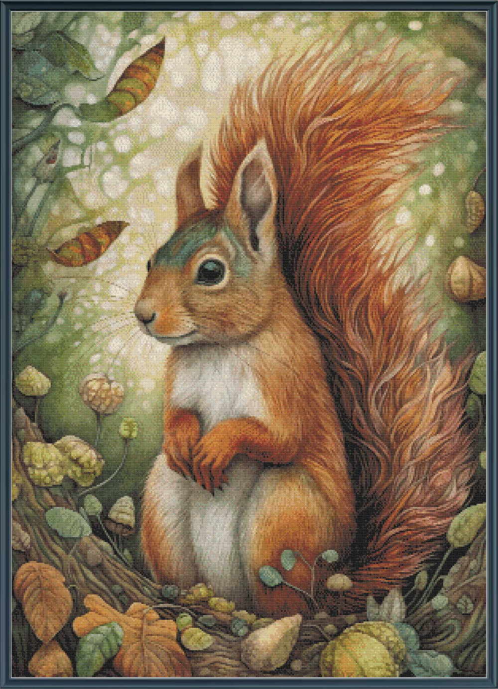 Stamped cross stitch of a squirrel in a forest setting with leaves and mushrooms.