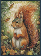 Stamped cross stitch of a squirrel in a forest setting with leaves and mushrooms.