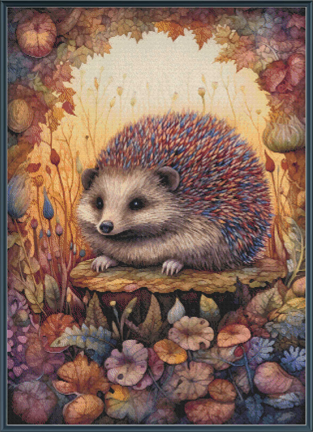 Stamped cross stitch of a hedgehog in a colorful autumnal setting with flowers and leaves
