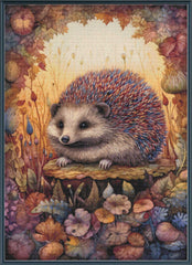 Stamped cross stitch of a hedgehog in a colorful autumnal setting with flowers and leaves