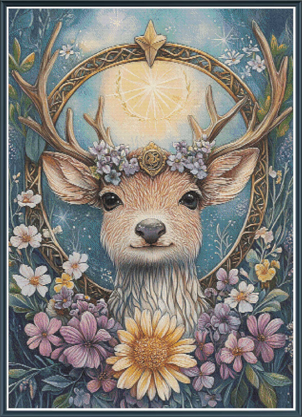 Stamped cross stitch mockup of a Deer with floral crown and antlers surrounded by flowers on a blue background