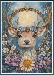 Stamped cross stitch mockup of a Deer with floral crown and antlers surrounded by flowers on a blue background
