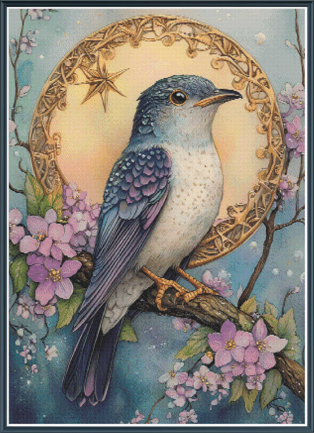 Stamped cross stitch mockup of a bluebird perched on a branch with flowers and decorative elements.