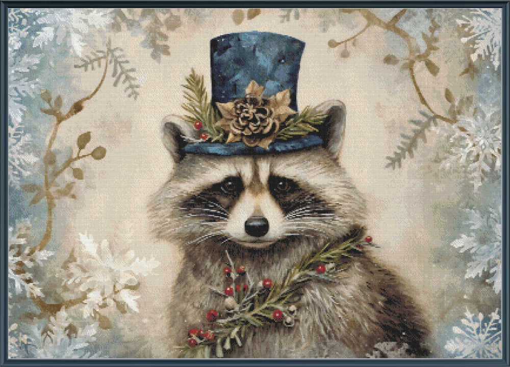 Raccoon wearing a top hat with floral decorations against a winter-themed background