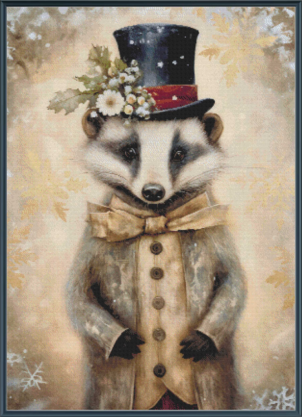 Illustration of a badger wearing a top hat and bow tie with a snowy background