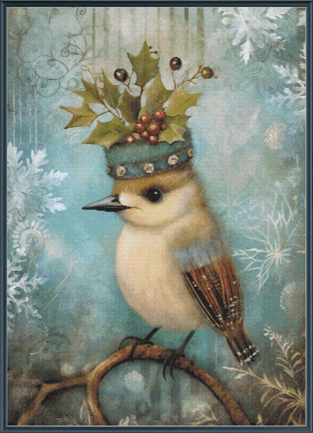 Illustration of a bird wearing a decorative hat with leaves and berries on a textured background.