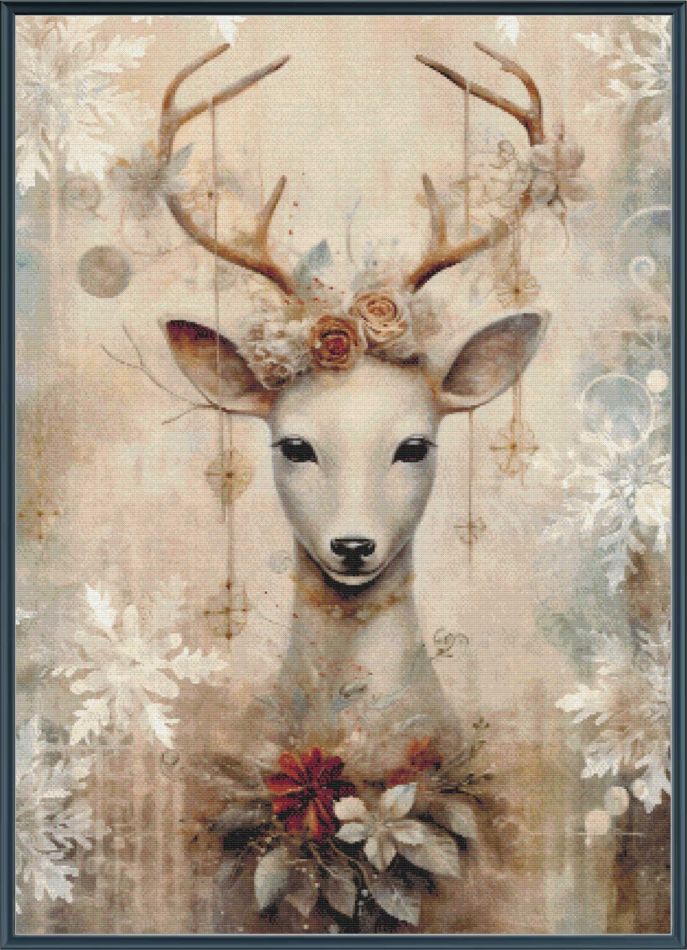 Decorative painting of a deer with floral headpiece and flowers around its neck on a textured background.