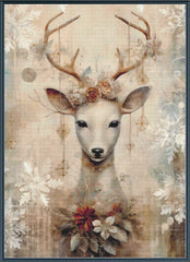 Decorative painting of a deer with floral headpiece and flowers around its neck on a textured background.