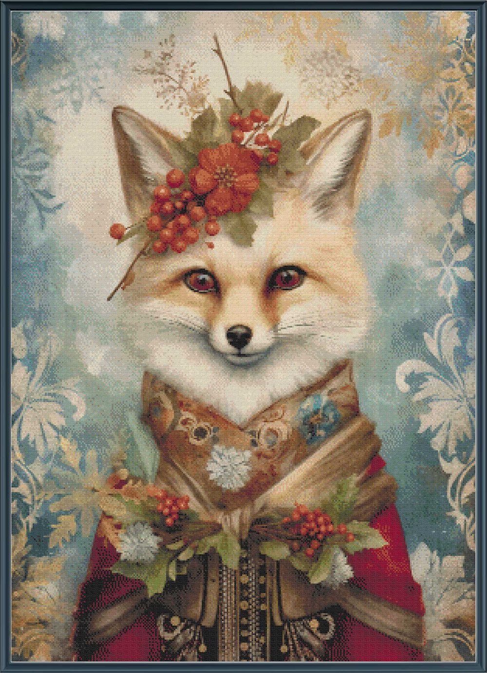 Fox with floral headpiece and decorative clothing against a floral background