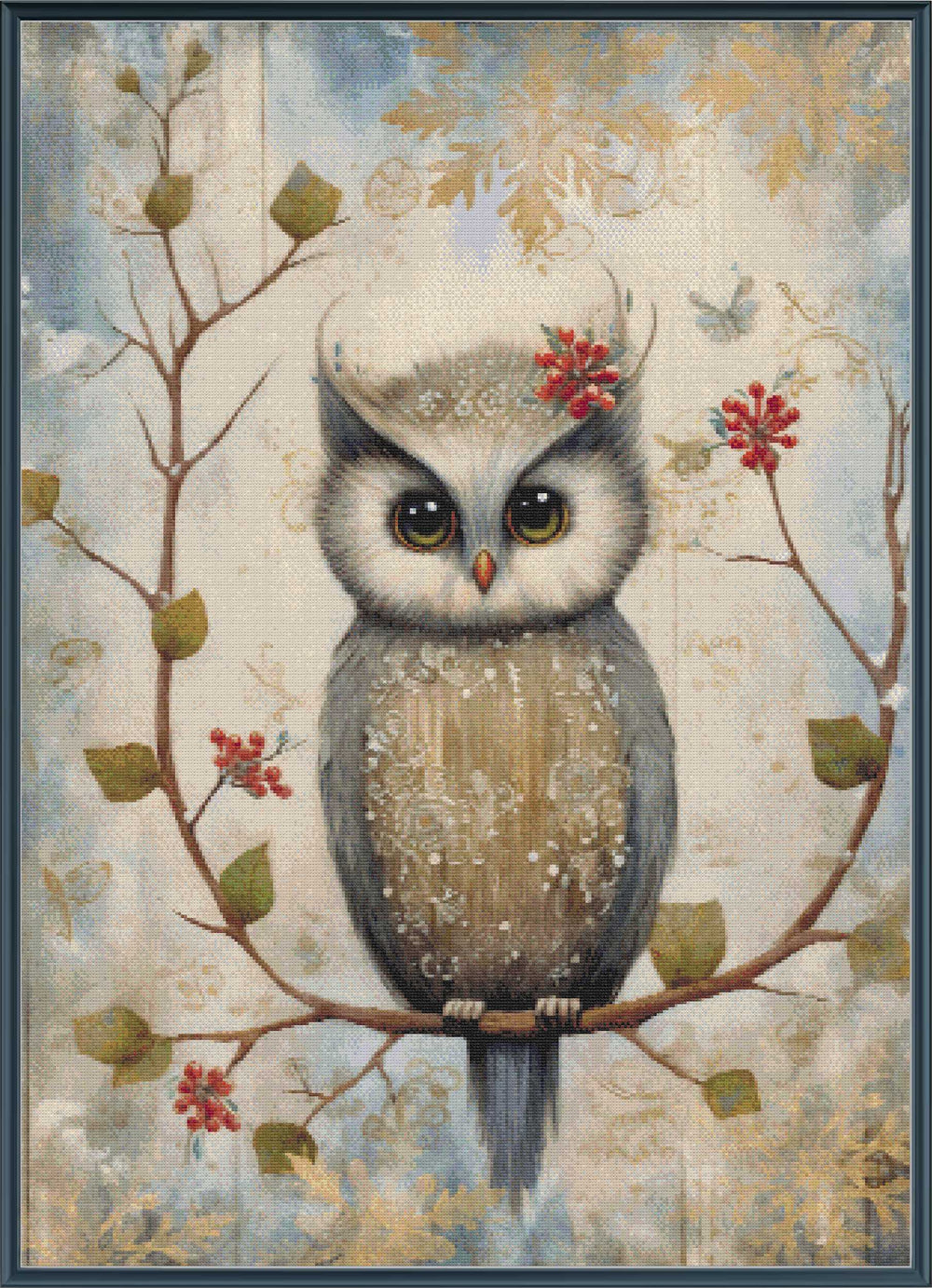 Decorative rug with an owl design on a branch, surrounded by flowers and leaves.