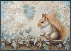 Squirrel on a decorative ledge with floral and snowflake patterns