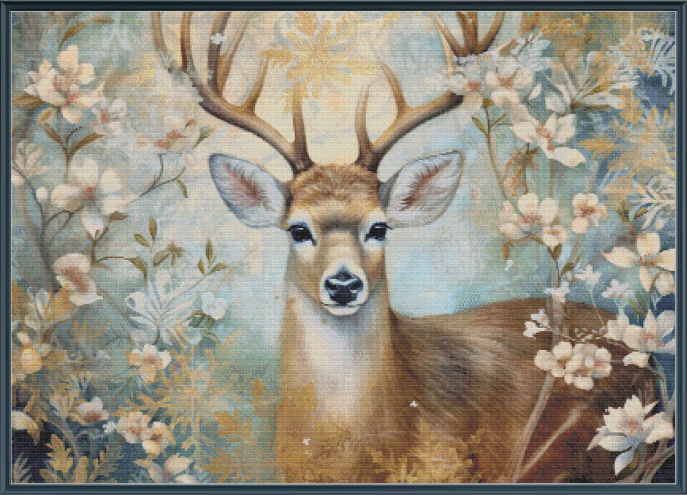 Deer surrounded by flowers and foliage in a decorative frame
