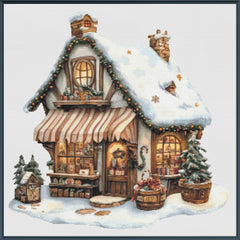 Decorative cross-stitch pattern of a snowy cabin with Christmas decorations.