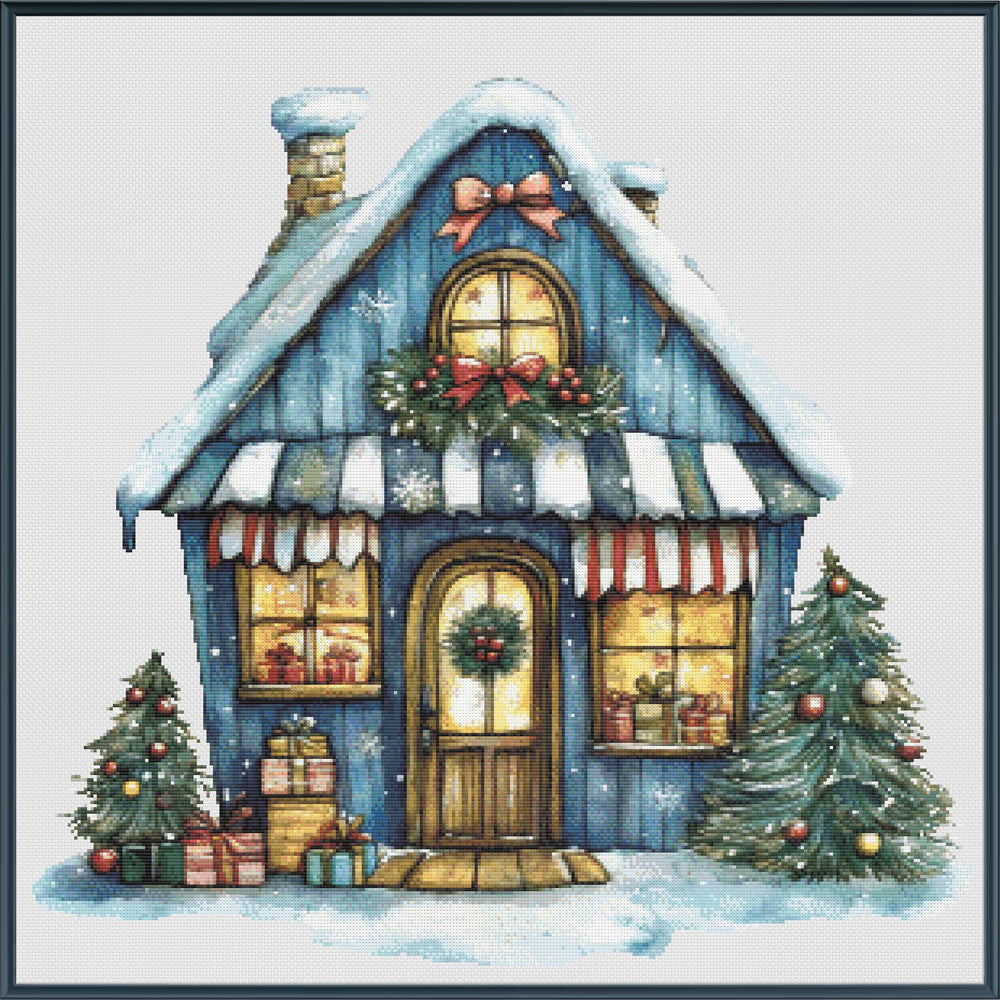 Decorative illustration of a blue Christmas-themed house with snow and festive decorations.