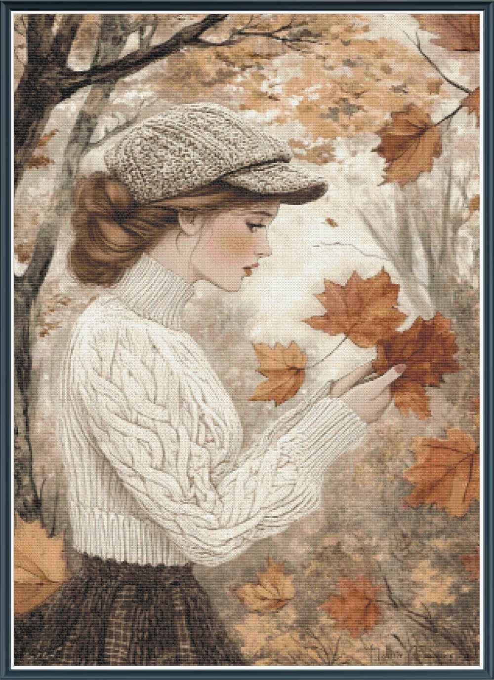 Stamped cross stitch mockup of a woman in an autumn setting holding leaves