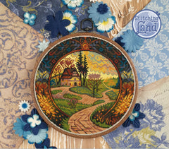 Stamped cross stitch design of a scenic design surrounded by decorative flowers on a patterned background.