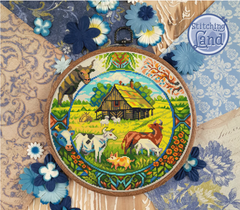 Stamped cross stitch mockup of a Embroidery hoop with a farm scene design, surrounded by decorative flowers and 'Stitching Land' branding.