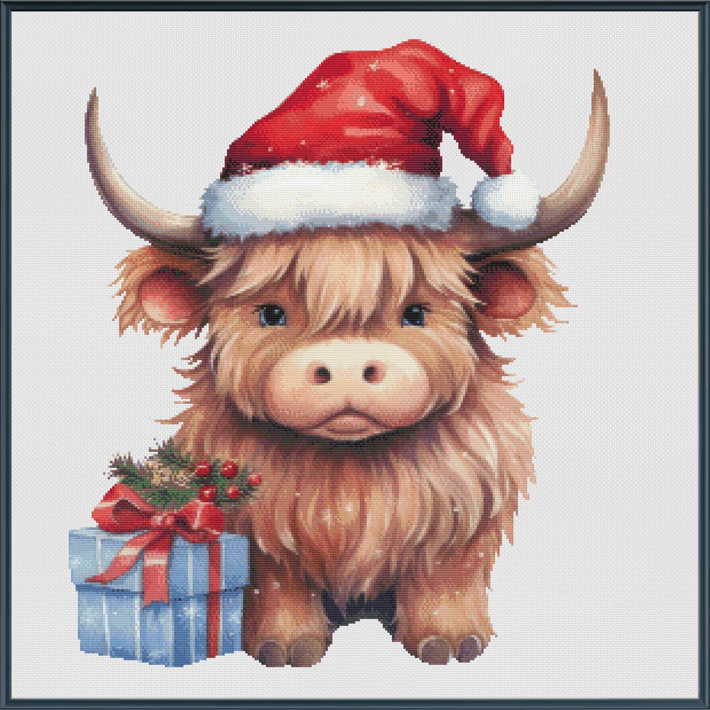 Cute cow wearing a Santa hat with a gift box on a light gray background