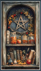 Stamped cross stitch design of a Pentagram decoration on a shelf with jars, books, and apples.