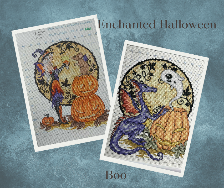 Two Halloween-themed stamped cross-stitch patterns featuring pumpkins and ghosts on a textured blue background.