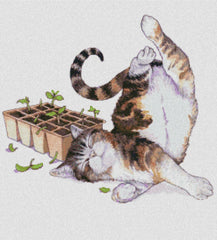 Cross-stitched design of a cat playing with seedlings on a white background