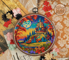 Stamped cross stitch mockup showing a Embroidery hoop with a colorful castle design on a decorative background with flowers and lace.